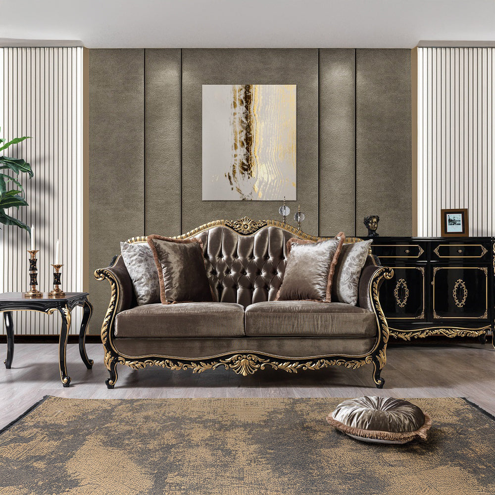 ACME Betria Light Green Velvet Gold & Black High Gloss Loveseat with 4 Pillows Model LV01888