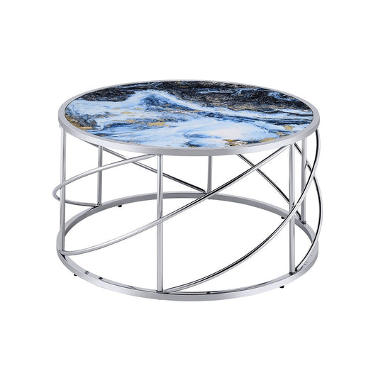 ACME Lyda Blue Marble Print & Chrome Coffee Table Model LV02095