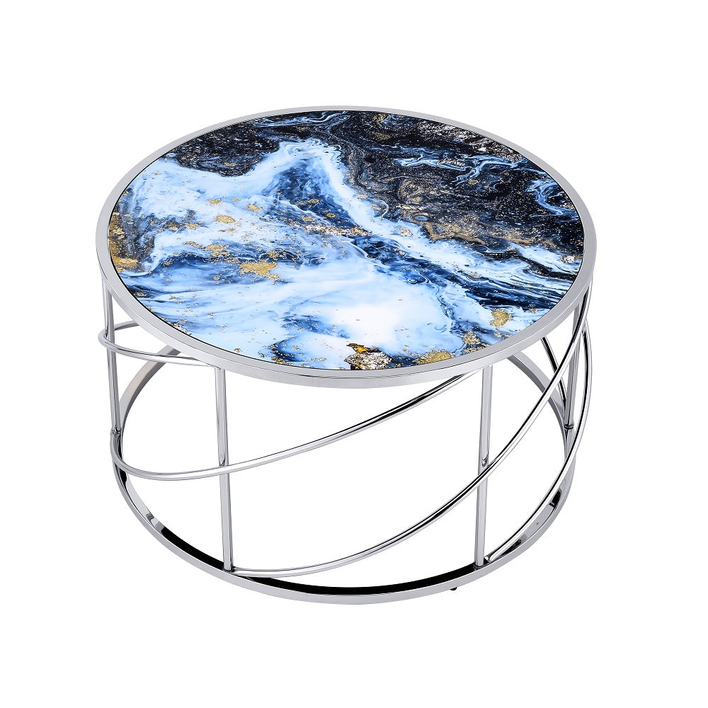 ACME Lyda Blue Marble Print & Chrome Coffee Table Model LV02095