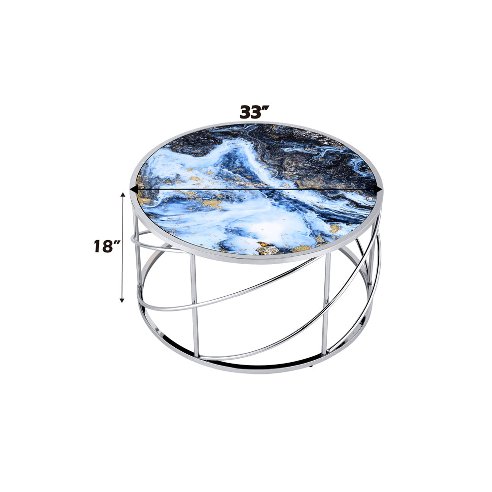 ACME Lyda Blue Marble Print & Chrome Coffee Table Model LV02095