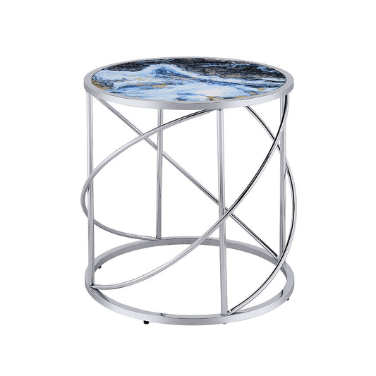 ACME Lyda Blue Marble Print & Chrome End Table Model LV02096