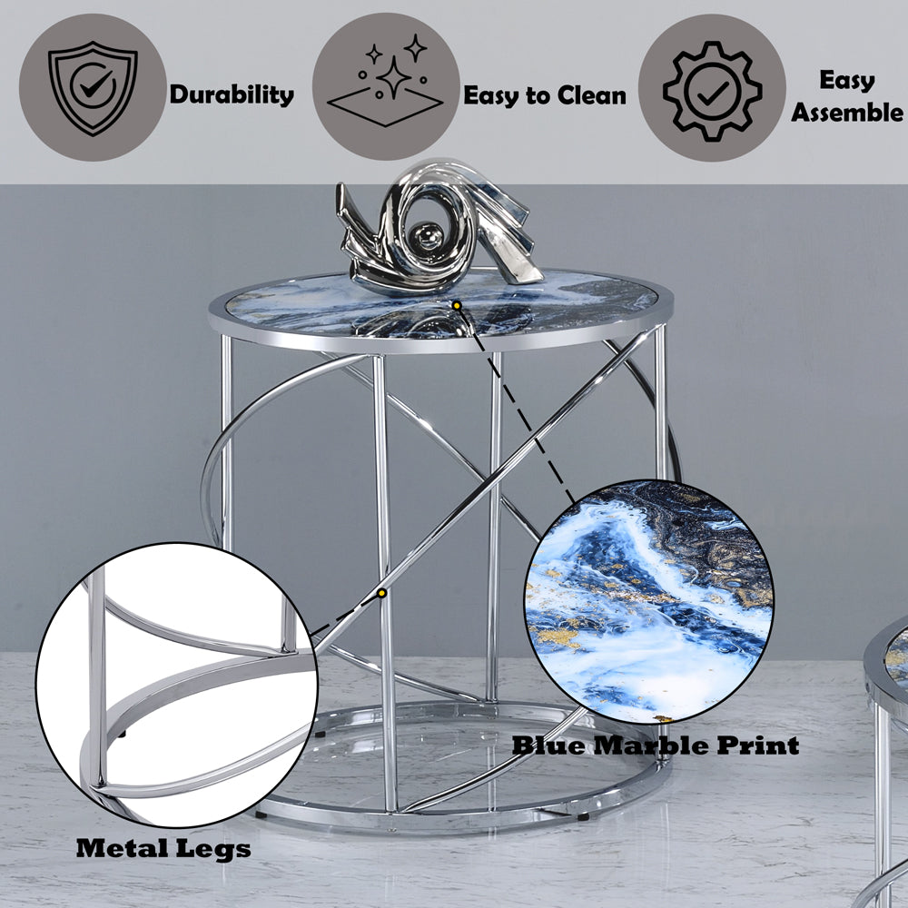 ACME Lyda Blue Marble Print & Chrome End Table Model LV02096