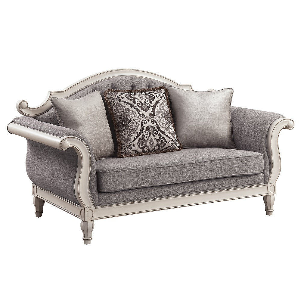 ACME Florian Gray Fabric & Antique White Loveseat with 3 Pillows Model LV02120