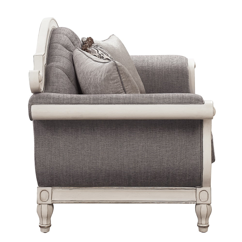 ACME Florian Gray Fabric & Antique White Loveseat with 3 Pillows Model LV02120