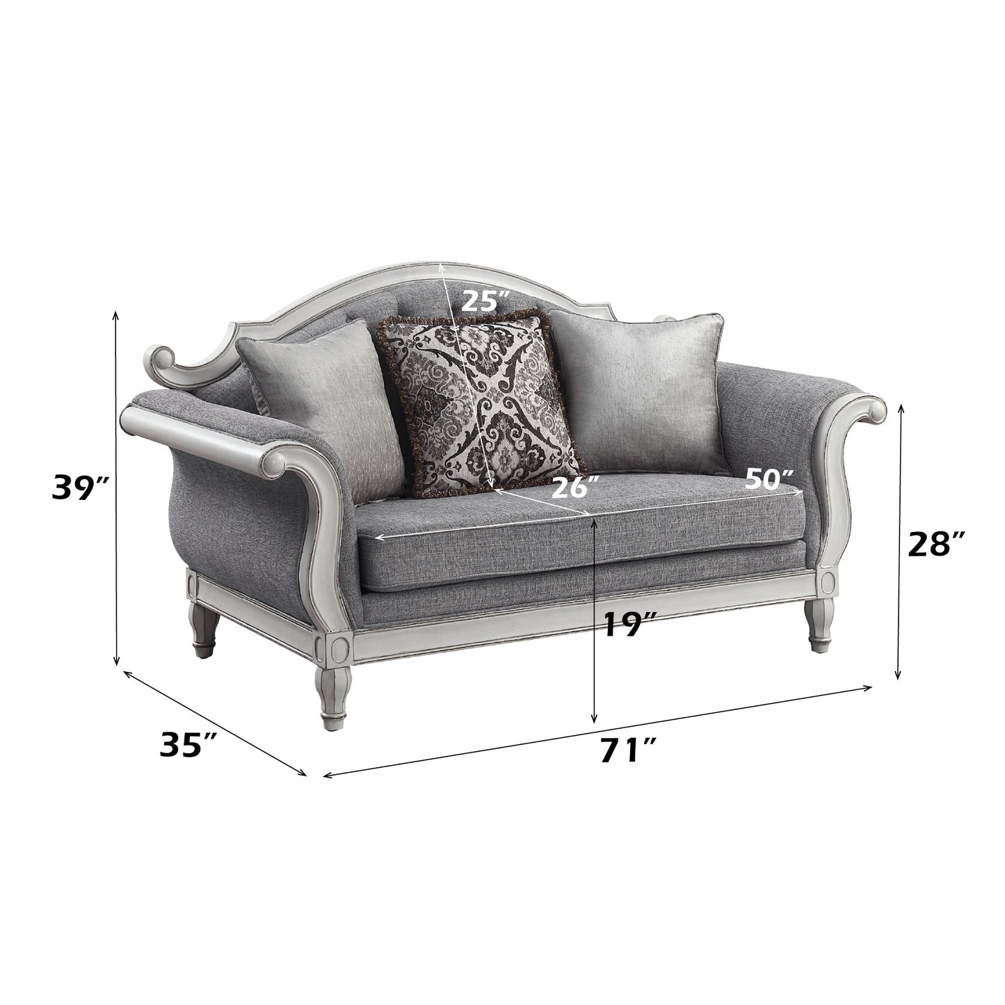 ACME Florian Gray Fabric & Antique White Loveseat with 3 Pillows Model LV02120