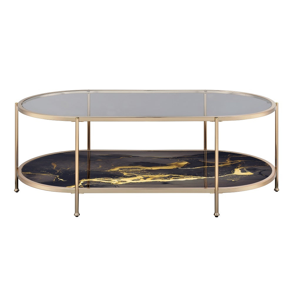 ACME Fiorella Glass Black Marble Paint & Gold Coffee Table Model LV02222
