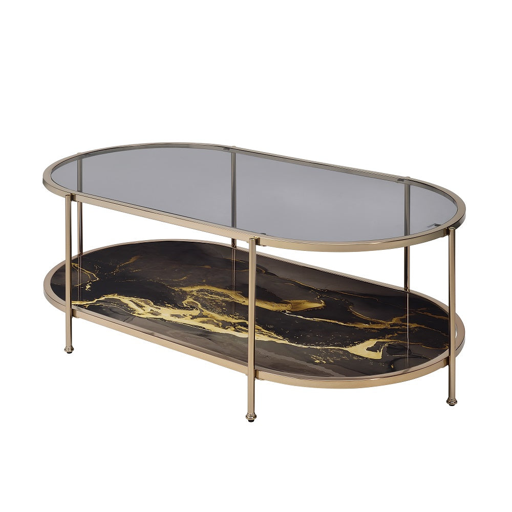 ACME Fiorella Glass Black Marble Paint & Gold Coffee Table Model LV02222
