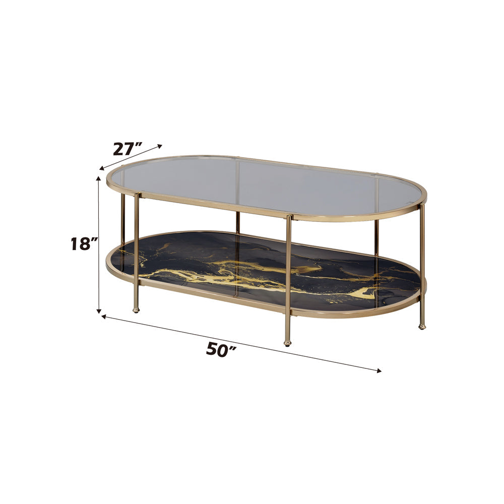 ACME Fiorella Glass Black Marble Paint & Gold Coffee Table Model LV02222