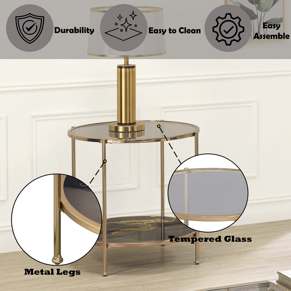 ACME Fiorella Glass Black Marble Paint & Gold End Table Model LV02223