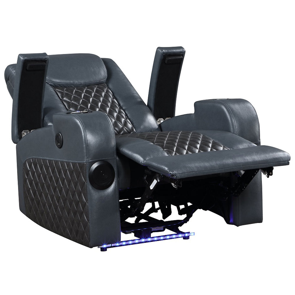 ACME Alair Blue & Black Leather Aire Power Motion Recliner with Bluetooth Speaker & Cooling Cup Holder Model LV02459