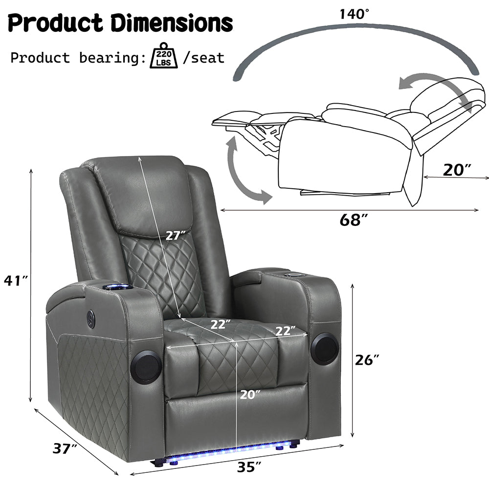 ACME Alair Dark Gray Leather Aire Power Motion Recliner with Bluetooth Speaker & Cooling Cup Holder Model LV02460