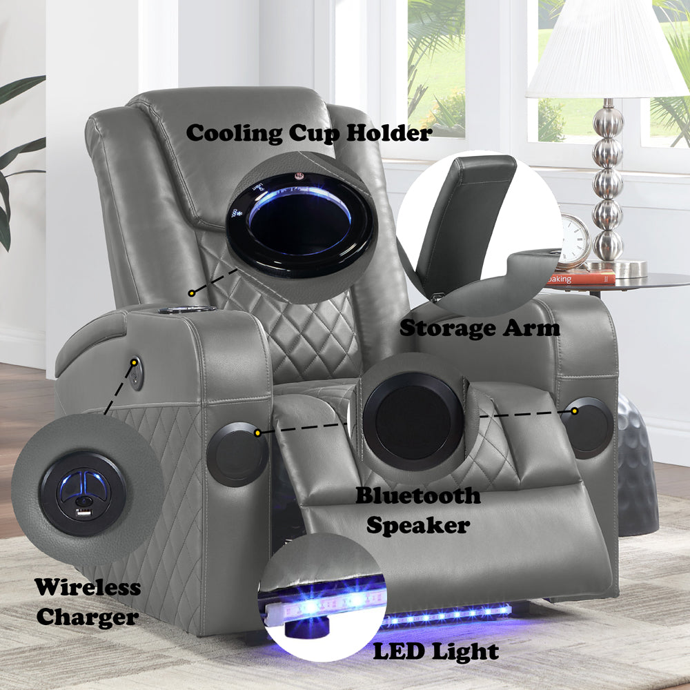 ACME Alair Dark Gray Leather Aire Power Motion Recliner with Bluetooth Speaker & Cooling Cup Holder Model LV02460