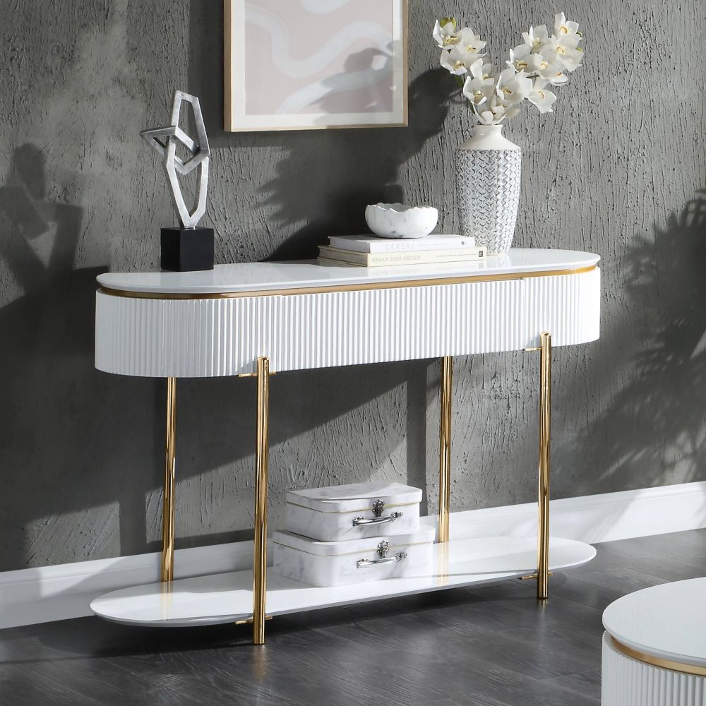 ACME Daveigh White High Gloss & Gold Sofa Table Model LV02466