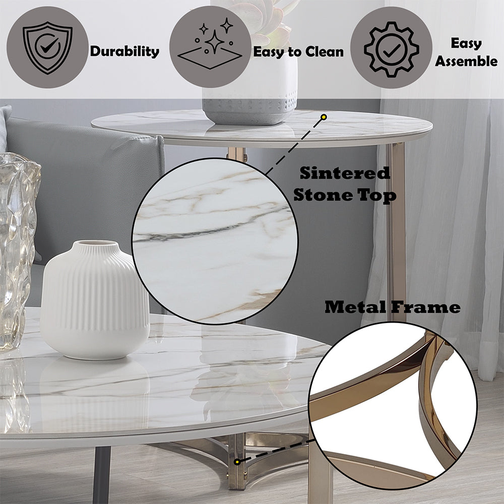 ACME Aziz Sintered Stone Top & Champagne End Table Model LV02826
