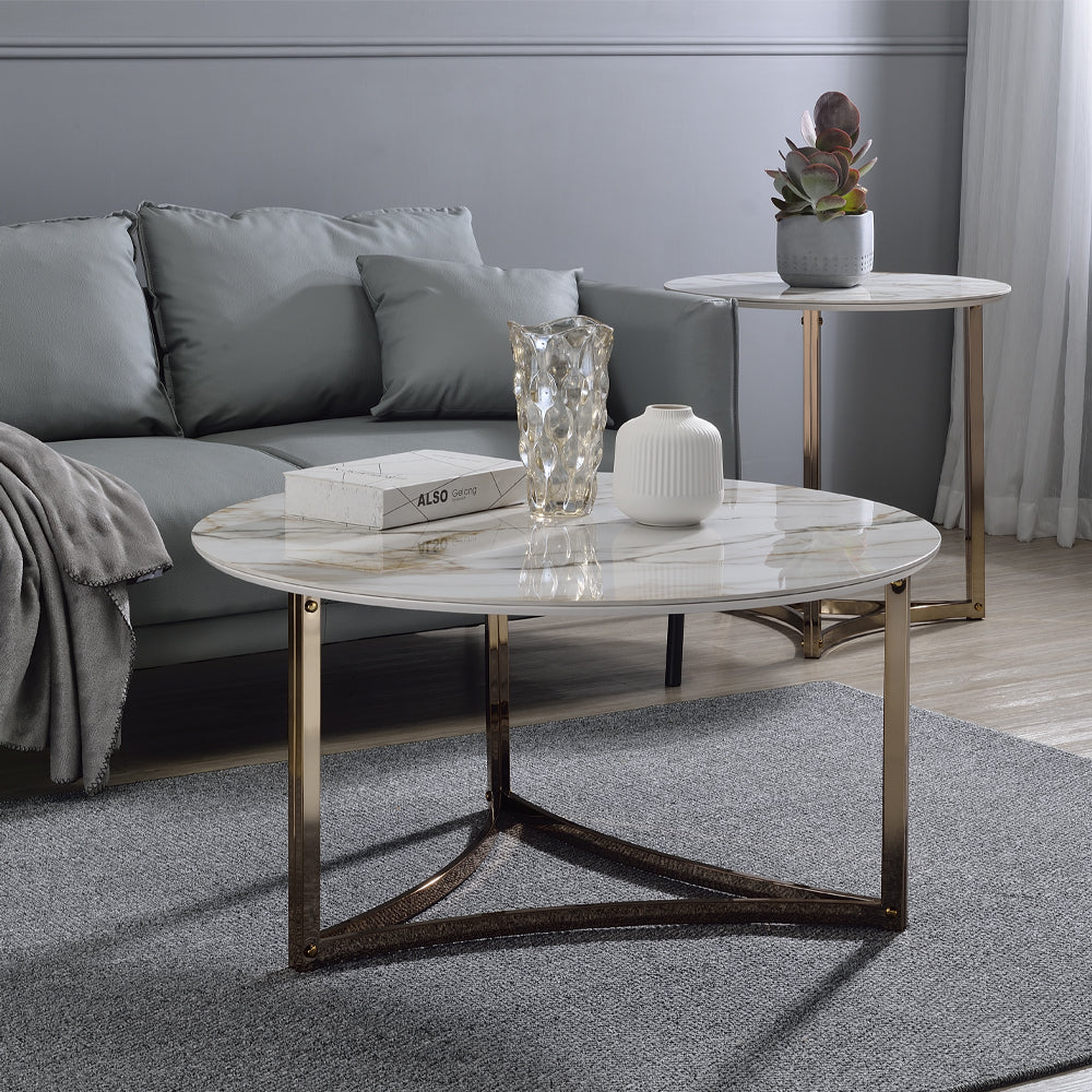 ACME Aziz Sintered Stone Top & Champagne End Table Model LV02826