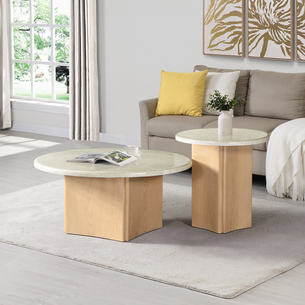 ACME Qwin Natural Marble Top & Oak End Table with Natural Marble Top Model LV03006