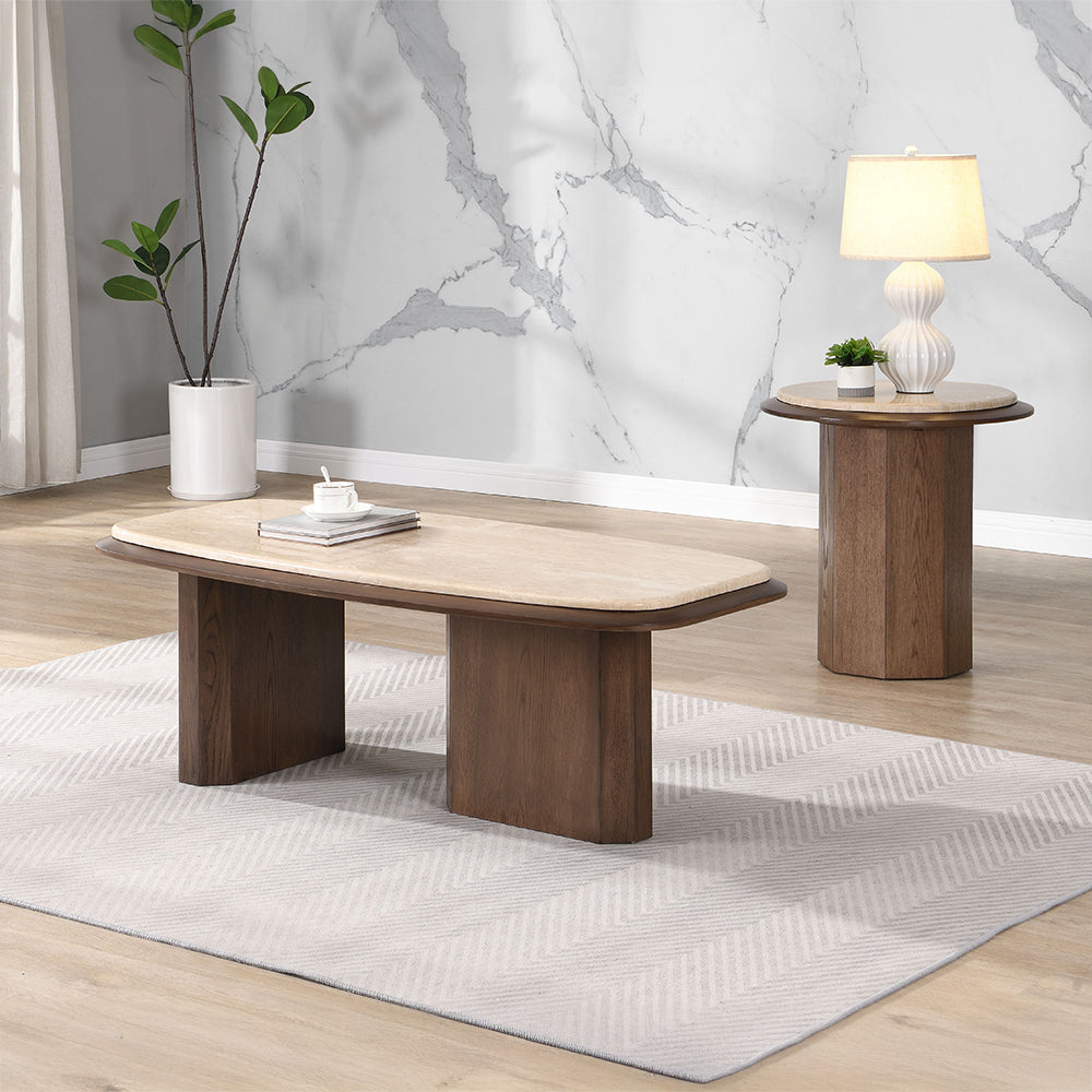 ACME Kasha Travertine Top & Walnut Coffee Table Model LV03325