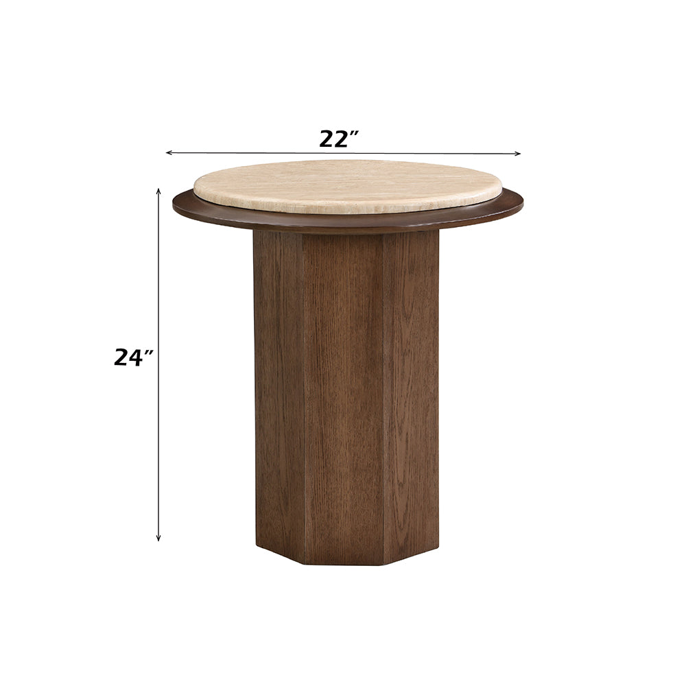ACME Kasha Travertine Top & Walnut End Table Model LV03326