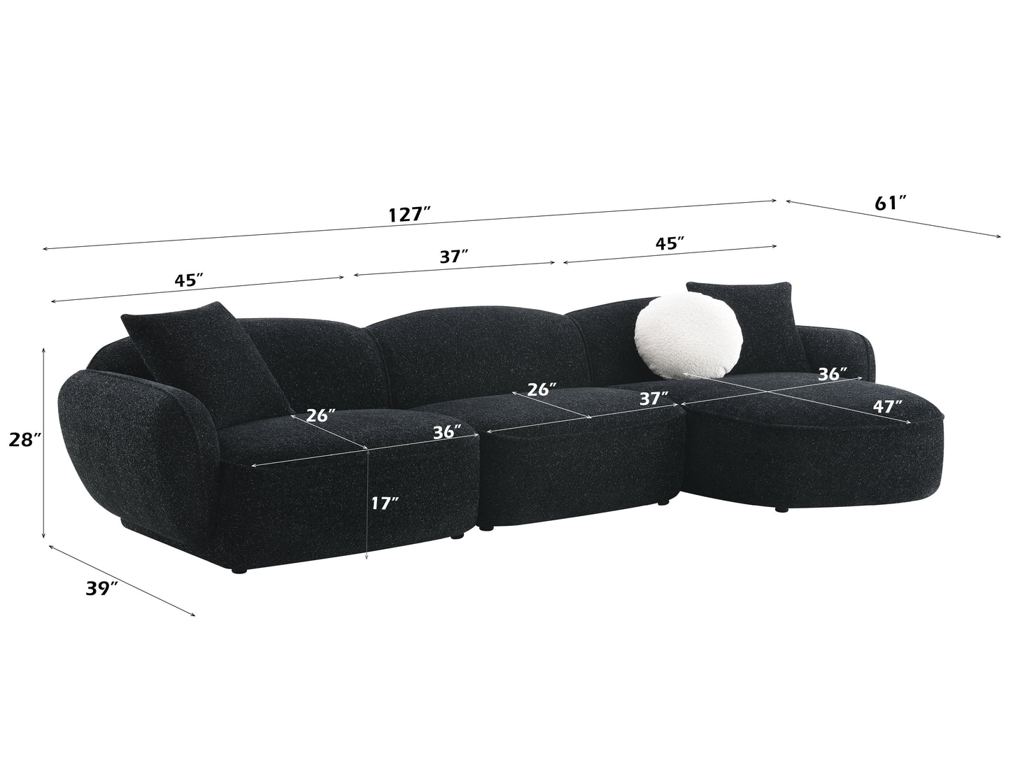 ACME Lucifer Black & White Shimmer Chenille Sectional Sofa with 3 Pillows Model LV03525