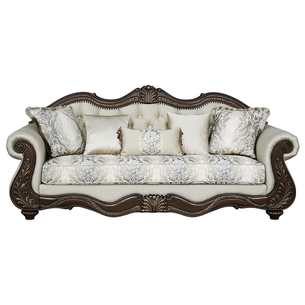 ACME Pierce Beige Fabric & Cherry Sofa with 5 Pillows Model LV03830