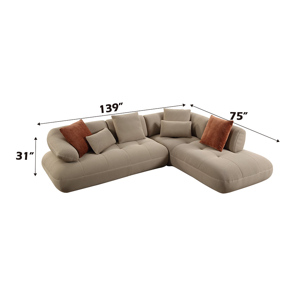 ACME Carrick Beige Sandwich Mesh Fabric Sectional Sofa with 6 Pillows Model LV03920