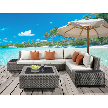 ACME Salena Beige Fabric & Gray Wicker Patio Sectional Sofa with 4 Pillows & Coffee Table Model 45020