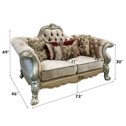 ACME Dresden Bone Velvet & Gold Patina Loveseat with 5 Pillows Model 52091