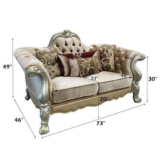 ACME Dresden Bone Velvet & Gold Patina Loveseat with 5 Pillows Model 52091