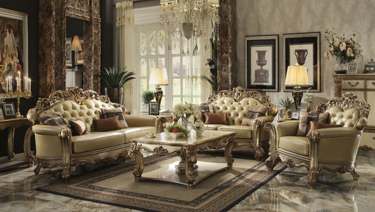 ACME Vendome Bone Synthetic Leather & Gold Patina Sofa with 4 Pillows Model 53000