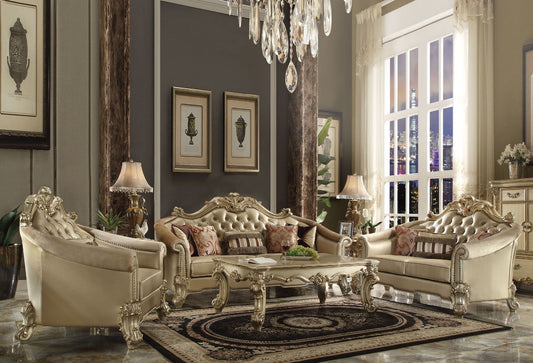 ACME Vendome II Bone Synthetic Leather & Gold Patina Sofa with 5 Pillows Model 53120