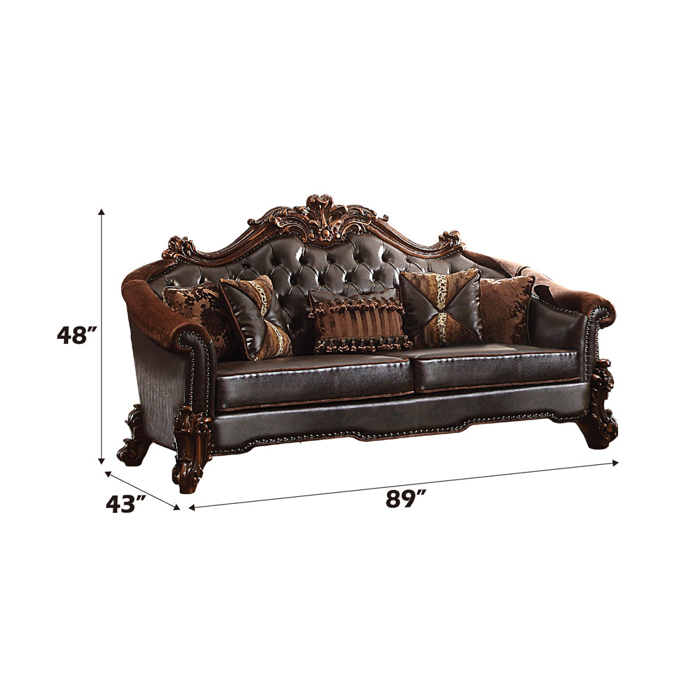 ACME Vendome II Two Tone Dark Brown Synthetic Leather & Cherry Sofa with 5 Pillows Model 53130