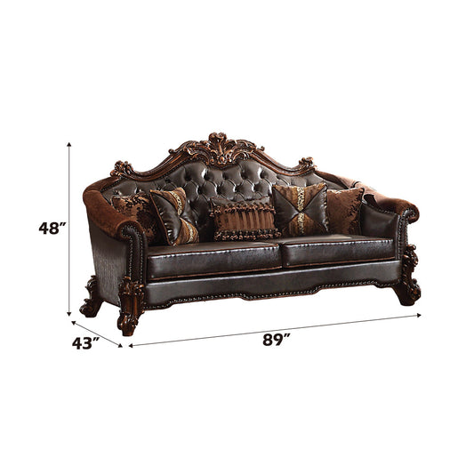 ACME Vendome II Two Tone Dark Brown Synthetic Leather & Cherry Sofa with 5 Pillows Model 53130