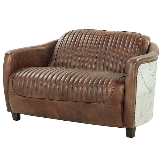 ACME Brancaster Retro Brown Top Grain Leather & Aluminum Loveseat Model 53546