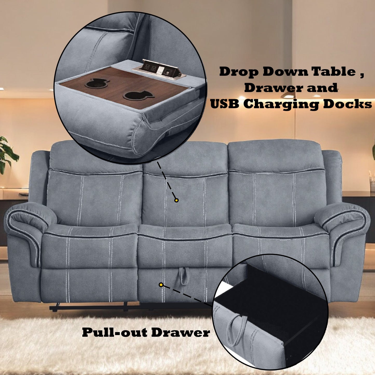 ACME Zubaida Two Tone Gray Velvet Motion Sofa & Console with USB Port Model 55025