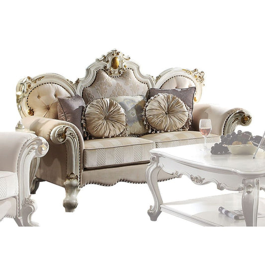 ACME Picardy Fabric & Antique Pearl Loveseat with 5 Pillows Model 55461