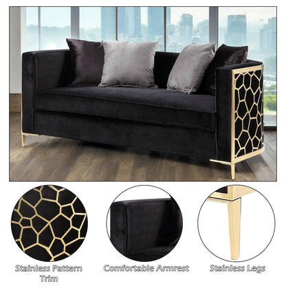 ACME Fergal Black Velvet & Gold Loveseat with 4 Pillows Model 55666