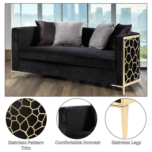 ACME Fergal Black Velvet & Gold Loveseat with 4 Pillows Model 55666