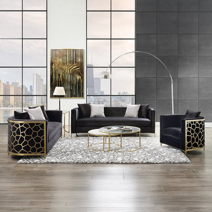 ACME Fergal Black Velvet & Gold Loveseat with 4 Pillows Model 55666