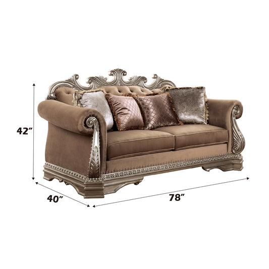 ACME Northville Velvet & Antique Silver Loveseat with 4 Pillows Model 56931