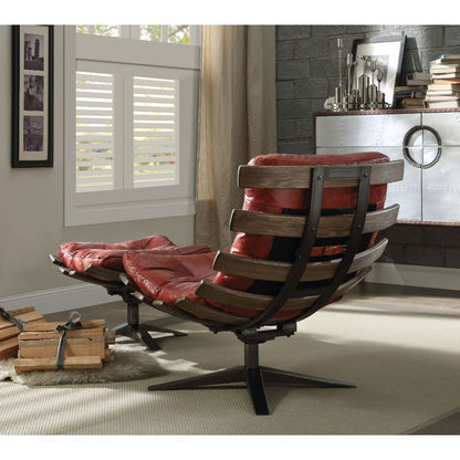 ACME Gandy Antique Red Top Grain Leather Chair & Ottoman Model 59531
