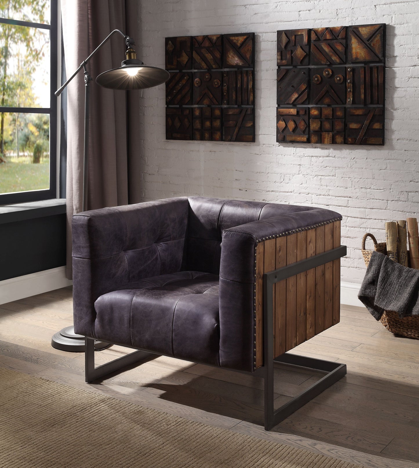 ACME Sagat Antique Ebony Top Grain Leather & Rustic Oak Accent Chair Model 59667