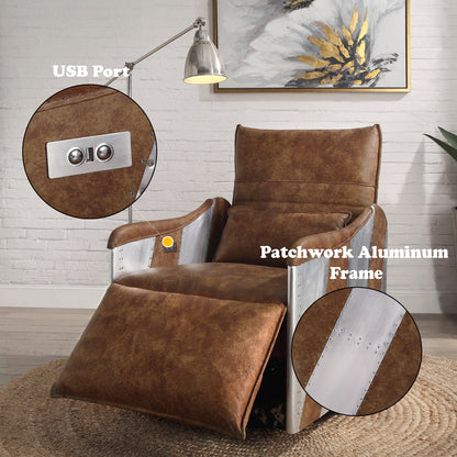 ACME Qalurne Two Tone Mocha Top Grain Leather & Aluminum Power Motion Recliner with Swivel Model 59942