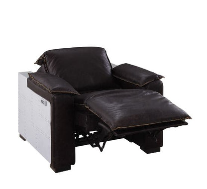 ACME Nernoss Dark Grain Brown Leather & Aluminum Power Motion Recliner Model 59943