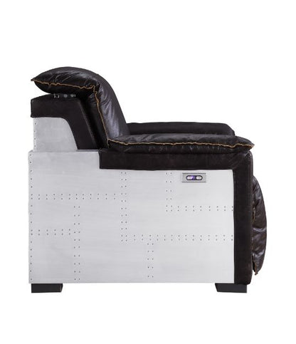 ACME Nernoss Dark Grain Brown Leather & Aluminum Power Motion Recliner Model 59943
