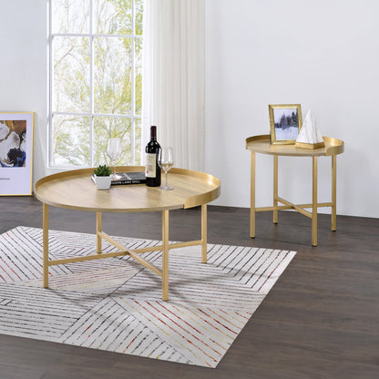 ACME Mithea Oak Table Top & Gold Coffee Table Model 82335