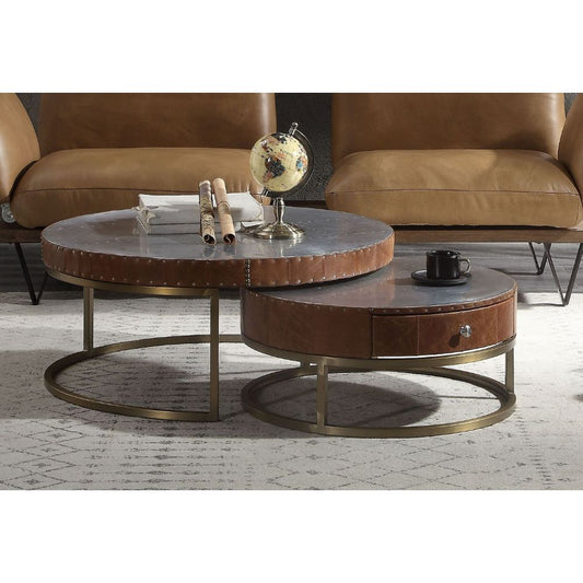 ACME Tamas Aluminum & Cocoa Top Grain Leather Coffee Table Model 84885