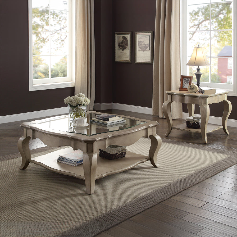ACME Chelmsford Antique Taupe & Clear Glass Coffee Table Model 86050