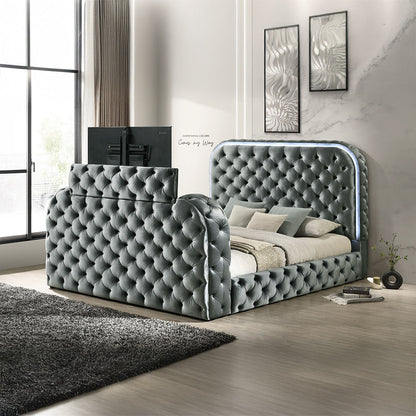 ACME Kana Gray Upholstery Velvet Eastern King Bed with LED Fireplace & TV Stand Model BD05071EK