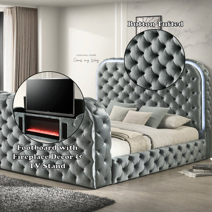 ACME Kana Gray Upholstery Velvet Eastern King Bed with LED Fireplace & TV Stand Model BD05071EK