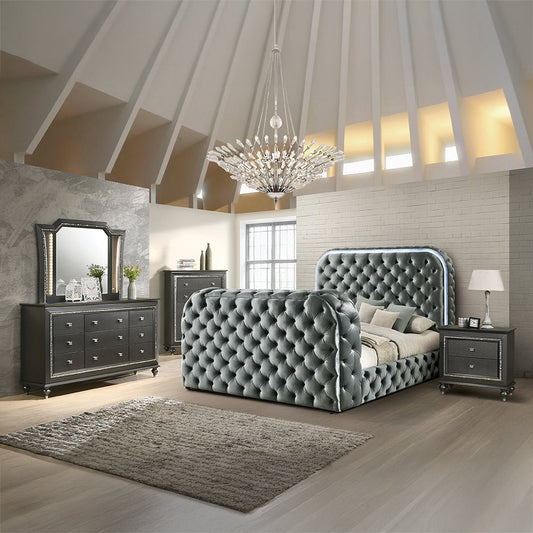 ACME Kana Gray Upholstery Velvet Queen Bed with LED Fireplace & TV Stand Model BD05072Q